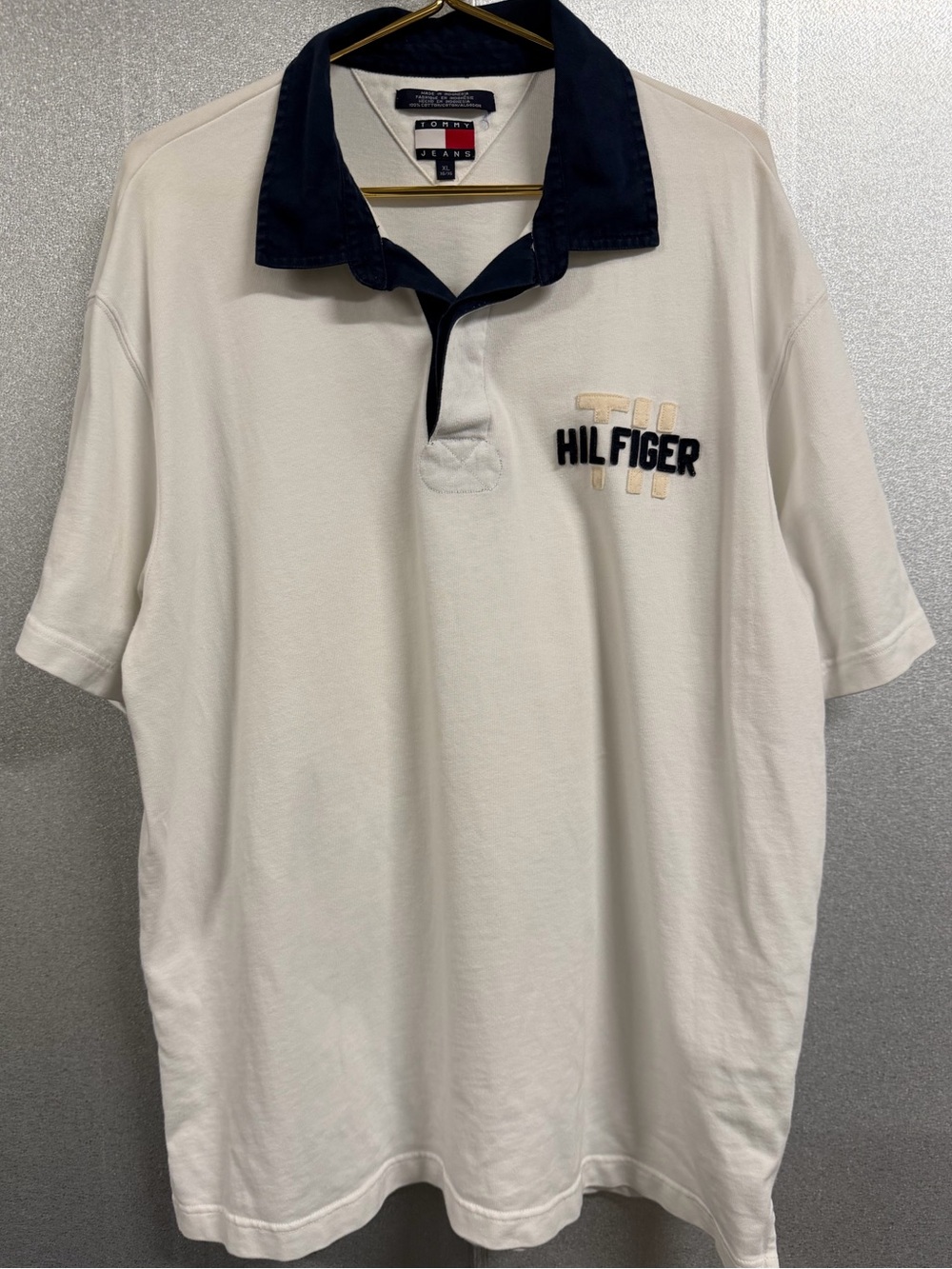 Tommy Hilfiger Jeans Polo Shirt XL White Chest Logo Navy Collar